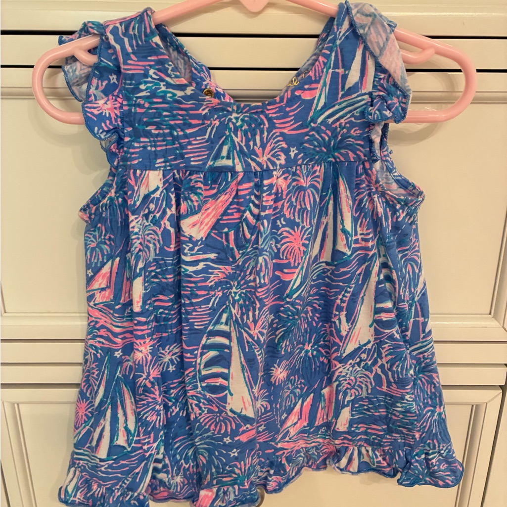 Lilly Pulitzer Blue Pink White Sailboat Print Ruffle Tank